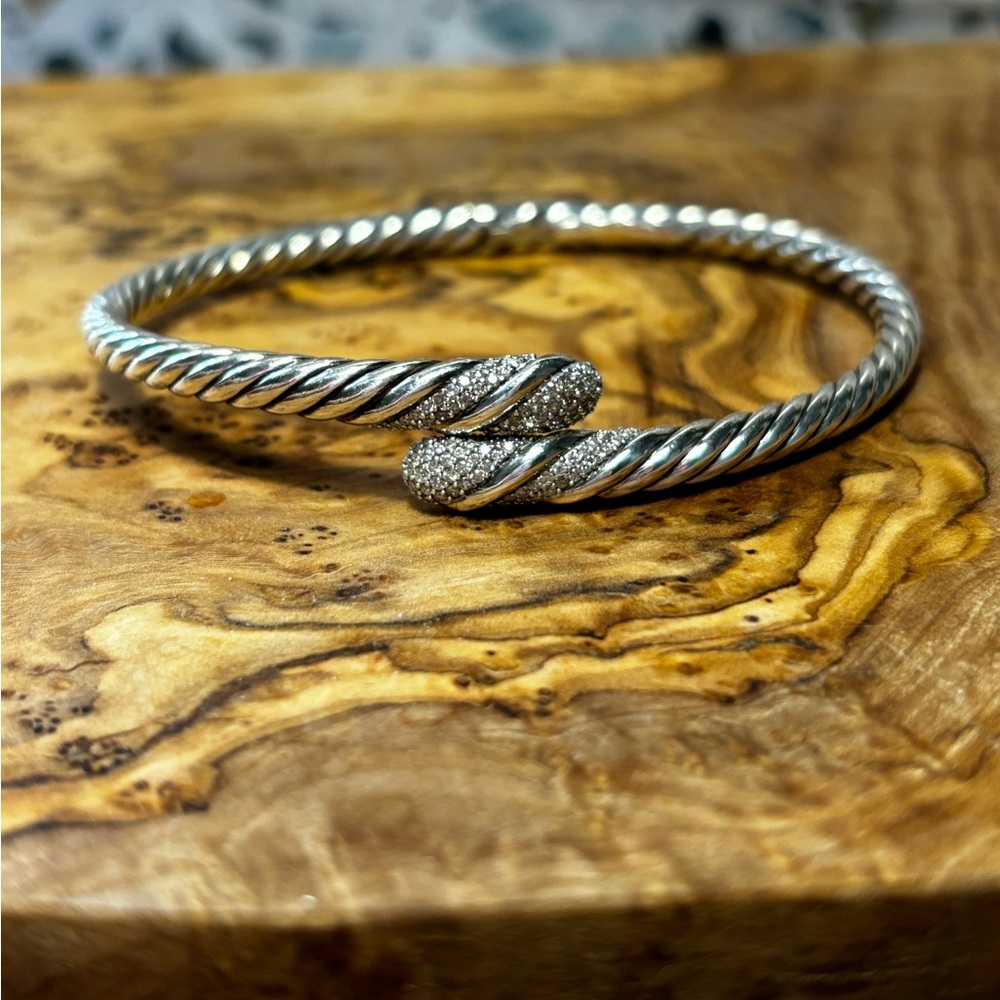 David Yurman Sterling Silver Willow Single Row Pave Diamonds Cuff Bracelet